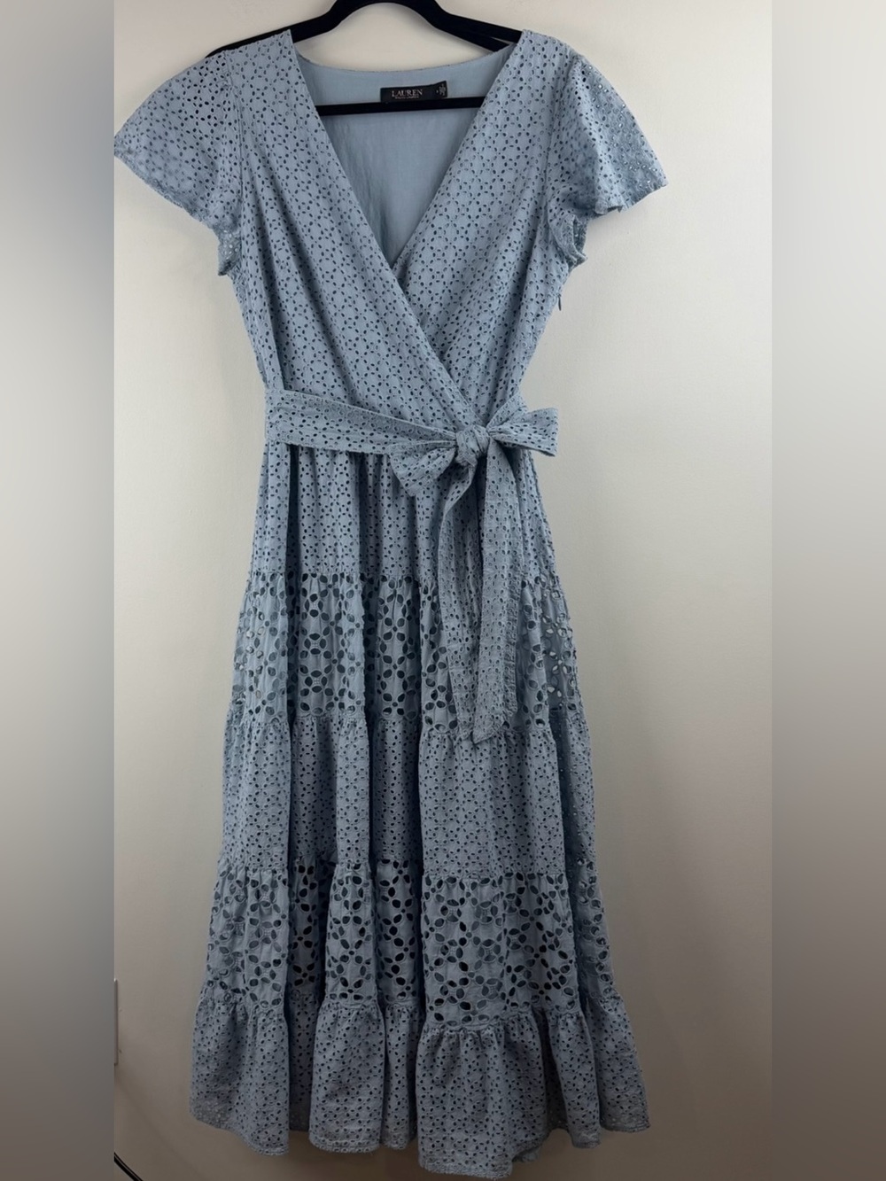 Lauren Ralph Lauren Women Black Label Eyelet Midi Dress Blue Lined 100% Cotton 8